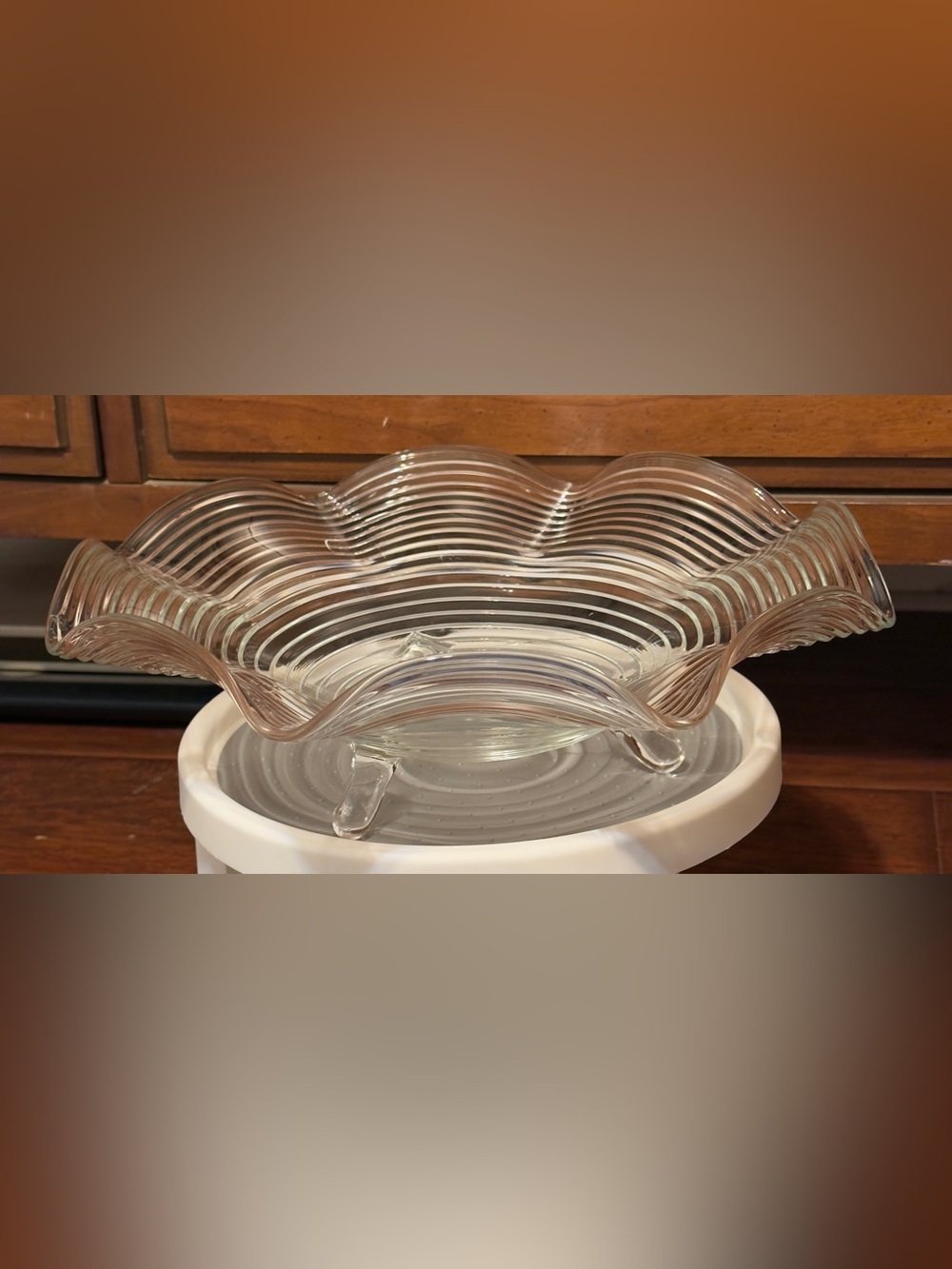Outstanding  Circa 1930 RARE LE Smith Clear Glass Crimped 3 Toed  Console Bowl
